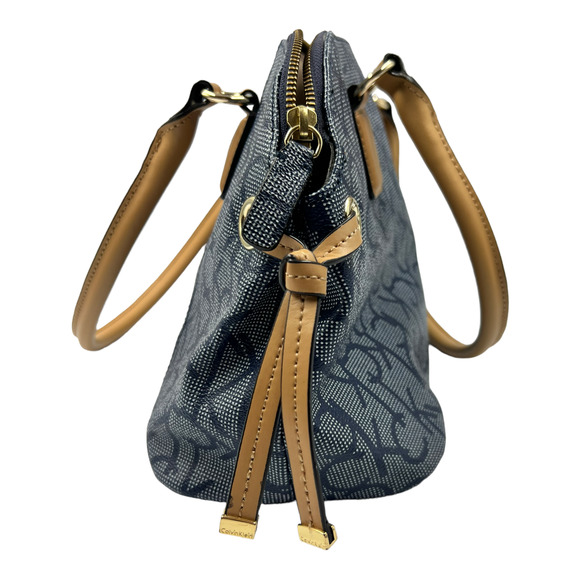 Calvin Klein Signature Monogram Navy Satchel Logo Purse With Tan Handle - Picture 4 of 7